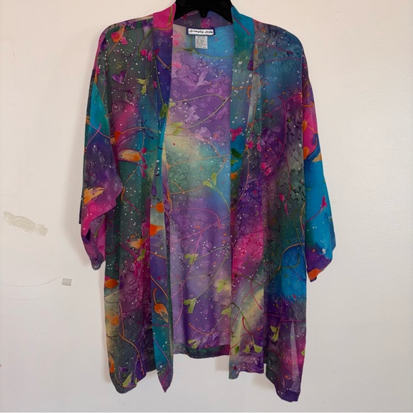 Silk Pink and Blue Sheer Cape Kimono Wrap Jacket Handpainted Vibrant Design - Picture 1 of 5